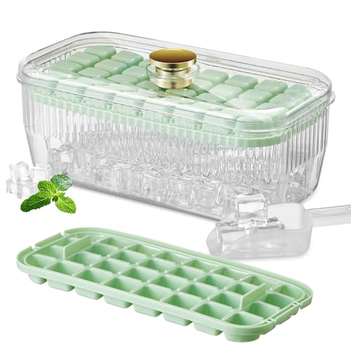 lce Cube Tray with Lid and Bin,With 1 trays, lce Cube Trays，32pcs lce Tray Kit with lce Scoop, Ice Cube Pop Out Tray, Ice CubeTrays for Freezer, Ice Cube Molds, BPA Free, Easy Release (Green)