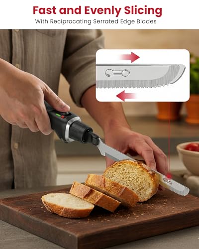 Image of New Upgrade Cordless Electric Knife,Serrated Blade Knife for Turkey, Meat Slicing, Fillet, Bread, Ergonomic Design Cutting Knifes with Comfortable Contoured Grip, USB-C Rechargeable, Easy-Slice,Black