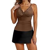 Tankini Bathing Suits for Women High Waisted Two Piece Swimsuits Tummy Control Swim Dress Skirt Vintage Swimwear Brown