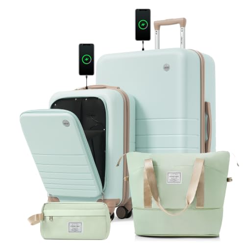 Image of 4-Piece Luggage Set, Suitcase with TSA Lock Travel Duffel Bag Wet-Dry Toiletry Bag, Green Front-Opening