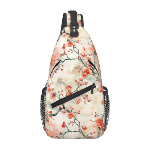 Bolsa tiracolo leve e respirável com 6 bolsos em flor azul-petróleo vermelha para trilhas, acampamento, viagens, uso diário, Padrão de flor asiática, 7.5'L x 3.5'W x 15.3'H