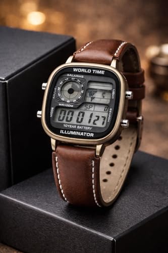 Image of Knights Digital Watch with Brown Leather Strap, World Time, 5 Alarms, Illuminator, WR100M, 10 Year Battery, Square Case
