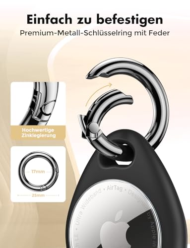 UNBREAKcable 360° Schutzhülle für AirTag (1. & 2. Generation), TPU Vollschutz Schlüsselanhänger mit Zinklegierung Federclip, Kratzfeste Ausführung für Schlüssel, Koffer und Taschen [4er Set]