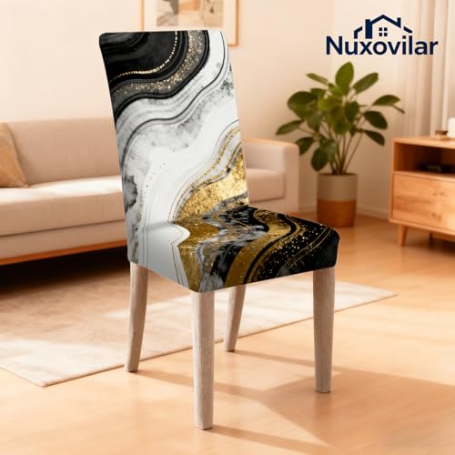Image of Nuxovilar 6PCS Black White Gold Wave Ink Texture Stretch Covers | Stretch Slipcover Modern Protector Wave Ink Wrap Seat Guard Dining Room Living Luxury Space (Gold Wave Ink)