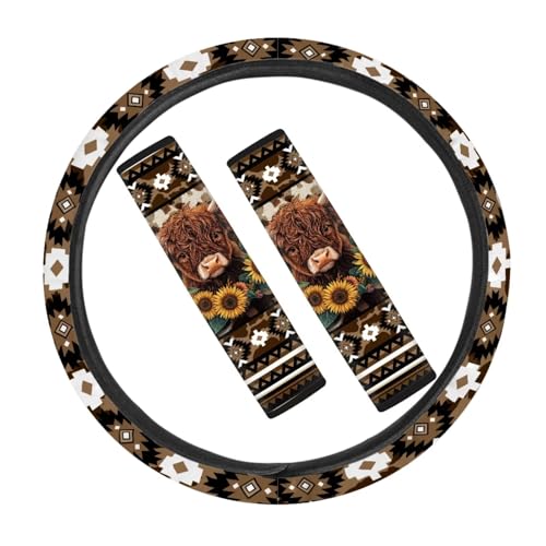 JOAIFO Highland Cow Steering Wheel Cover Set with Car Seat Belt Cover, Sunflower Print Boho Car Accessories Set of 3 Pack, Universal for Most Cars,Truck, SUV, Van, Sedan