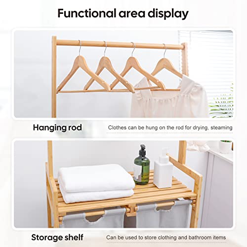 Homde Laundry Basket,Bamboo Laundry Sorter Cart Rolling With Clothes Hanging Rod, 2 Section Laundry Hamper With Wheels, Removable Sliding Bags, Utility Laundry Storage Organizer For Bathroom #TOP2