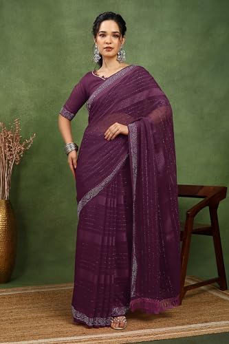 Image of MIRCHI FASHION Saree for Woman Georgette Solid with Satin Stripes | Stone Border Farewell and Ceremonial Sari with Blouse Piece