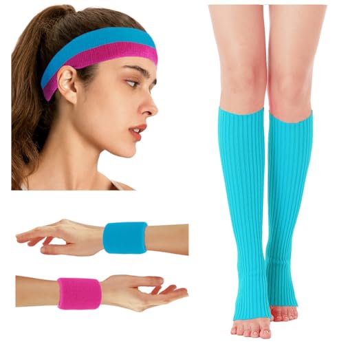 Image of v28 Neon Leg Warmers Set for women Headband Sweatbands Wristbands 80s 90s Pink Running Fanny 80's Plus Size Costumes Pack