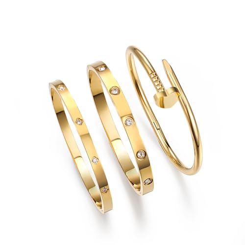 18K Gold Plated Stainless Steel Love Nail Bangle Bracelet Set Stackable Dupes Bangle Set for Love Trendy Jewelry