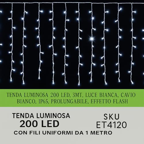 Elektronova Zasłona świetlna, 200 diod LED, 3 m, białe światło, biały kabel, IP65, przedłużana, efekt błysku, z jednolitymi przewodami o długości 1 metra, wieniec bożonarodzeniowy, sklepy, balkon