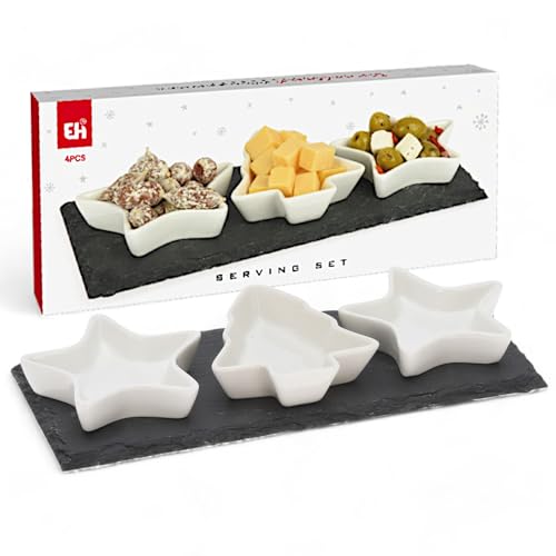 MIJOMA X-MAS - Set da 4 pezzi con tavola in ardesia e ciotole in porcellana, perfetto per tapas, olive, formaggio, salse, design festivo, tavolo natalizio
