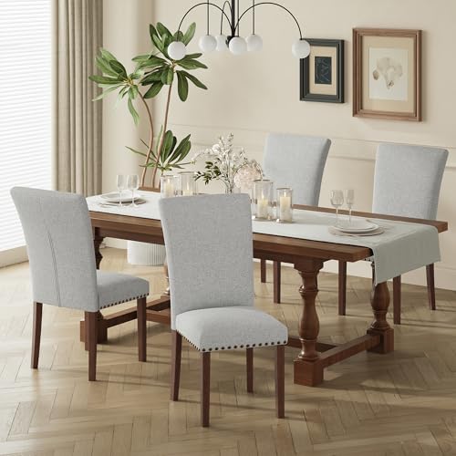 Image of COLAMY Upholstered Parsons Dining Chairs Set of 4, Fabric Dining Room Kitchen Side Chair with Nailhead Trim and Wood Legs - Light Grey