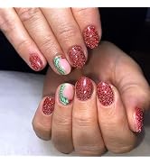 Red Press on Nails Short Almond Fake Nails with Christmas Holly Designs Glossy Full Cover Glue on...