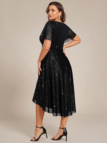Ever-Pretty Plus V Neck Short Sleeves Glitter Pleated Midi Plus Size Cocktail Wedding Guest Dresses for Curvy Women2
