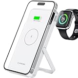 Magnetic Wireless Power Bank with Apple Watch Charger, Marnana 10000mAh Fast Charging Portable Charger Battery Bank w/Foldable Stand for MagSafe iPhone 12/13/14/15 Series & Apple Watch - White