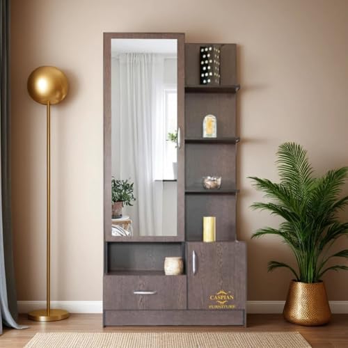 CASPIAN Engineered Wood Single Door Wooden Vanity Dressing Table (Brown) | Pre-Assembled Furniture with Mirror | Makeup & Accessories Storage Organizer with 4 Shelves, 1 Cabinet & 1 Drawer