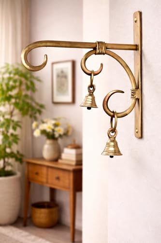 Image of Decorative Brass Finish Wall Bracket with Bells - Hand Forged Antique Golden Metal Hanger for Diya, Lanterns, Wind Chimes & Planters | Indoor Outdoor Wall Decor-Pack of 1
