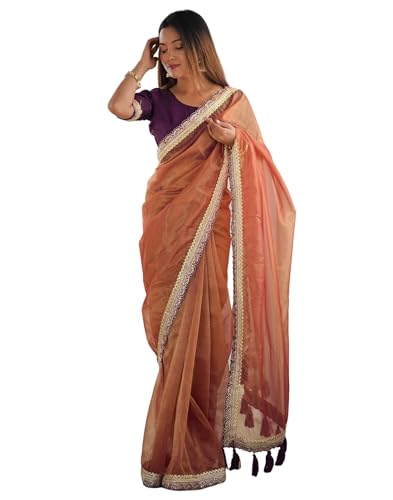 Image of SIRIL Women's Shimmer Net Lace Border Dual Tone Saree with Unstitched Blouse Piece