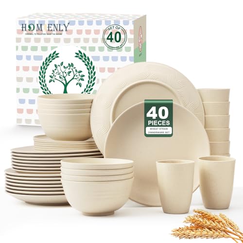 Image of Homienly 40 PCS Dinnerware Set Service for 8, Kitchen Wheat Straw Dinnerware Set Unbreakable - Plates Set, Bowls Set,Cups Set, Microwave and Dishwasher Safe Dish Set for Dinner, Outdoor(Beige)