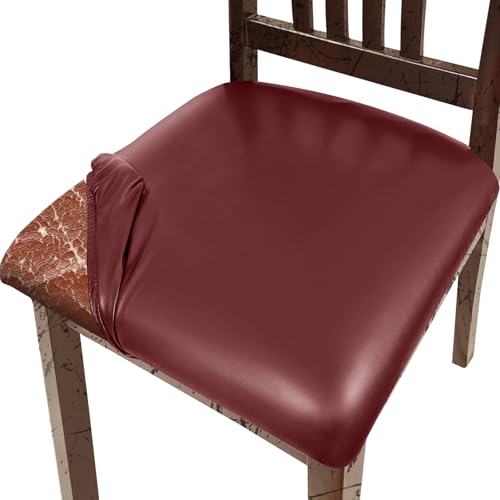 Image of Pu Leather Dining Chair Seat Covers Set of 6, Waterproof Kitchen Chair Covers Stretch Chair Cover for Kitchen /Dining Room /Hotel, Tasteless seat Covers for Chairs (Wine Red - 6 PCS)