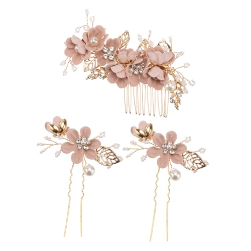 DEARMAMY 3個 ラインストーンの花の頭飾り 結婚式 ミニヘアクリップ フレンチツイストヘアピン hair clip hair pin ブライダルフラワー帽子 真珠の花のかんざし 金属 ピンク