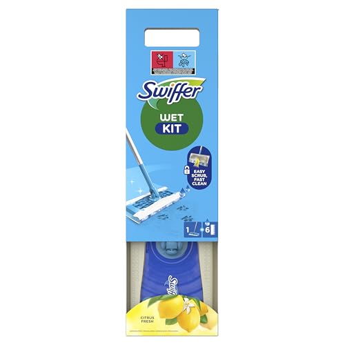 Swiffer Bodenwischer Wet Mop Starter-Set Zur Reinigung Von Böden Mit Schrubbwirkung, Enthält: 1 Bodenwischer, 6 Feuchte Bodentücher