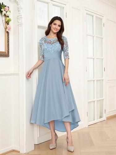 Tea Length Chiffon Mother of The Bride Dresses for Women Lace Applique Half Sleeve Ruffles Formal Wedding Guest Dresses3