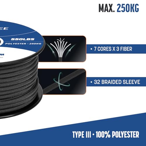 Brotree 550 Paracord 4mm 15m Schnur 100% Polyester Seil Reißfest Typ III 7 Kern für Armbänder, Basteln, Outdoor, Camping, Survival - Schwarz