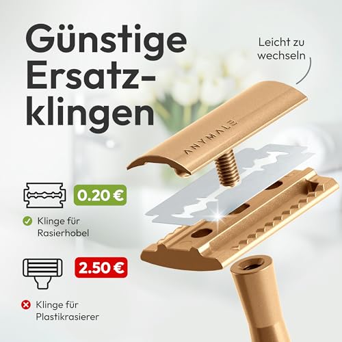 ANYMALE® Rasierhobel Damen (Gold Edition) inkl. 5 x Ersatzklingen-Set & Ständer - Nassrasierer & Frauen Rasierer (Zero Waste) Metall mit 5 Klingen - Damenrasierer & Klingenrasierer, Safety Razor 4