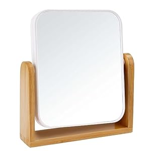 LFOYOU Vanity Makeup Mirror with Natural Bamboo Stand, 1X/3X Magnification Double Sided 360 Degree Swivel Magnifying Mirror, 8 Inch Portable Table Desk Counter top Mirror Bathroom Shaving Mirror