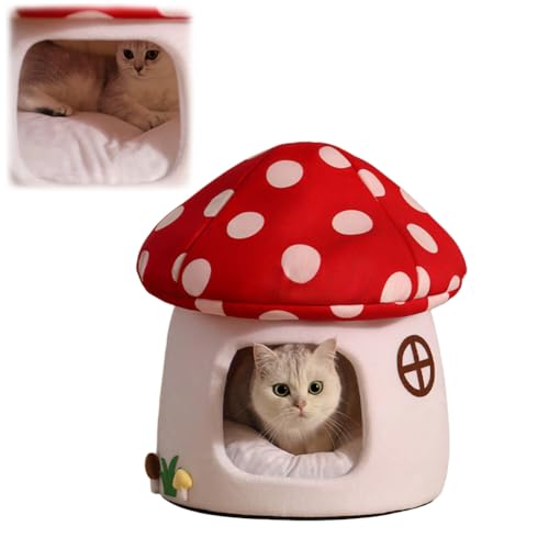 GKWW Cute Cat Bed Cave for Indoor Highland Mushroom Shaped Pet Plush House Self-Warming Nest Small Dogs Rabbits with Removable Cushion for Puppy Bed with Hanging Toy (Red Mushroom)
