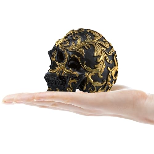 READAEER Small Size Human Skull Resin Statue Head Sculptures Skull Collectible Figurines (Black & Golden)