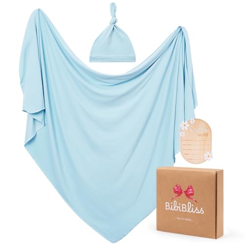 Image of Stretchy Swaddle Blanket for Newborns with Hat & Hello World Card-Soft Baby Swaddles 0-3 Months,47 inchx 47 inchSupersoft Swaddle Blanket,Receiving Blanket for Boys & Girls (Baby Blue)