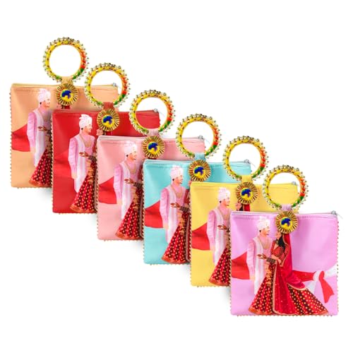 Image of Women Potli Bags Pack of 18| Gifting Potli with Zip & Bangle Handle | Traditional Shagun Return Gifts Potli for Mehandi, Haldi, Baby Shower, Wedding, Sangeet (Couple Print)