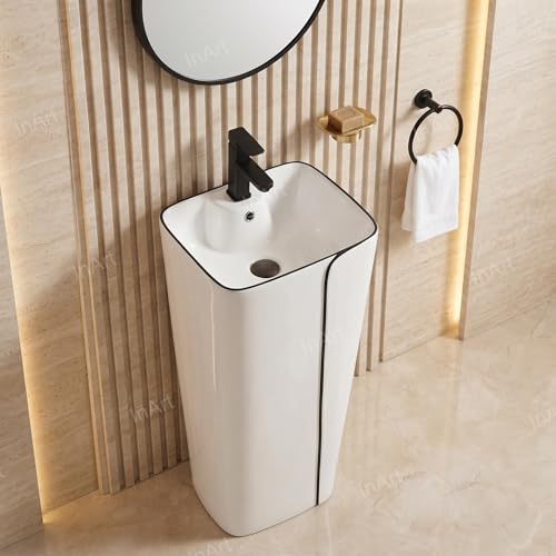 Image of InArt Ceramic Pedestal Wash Basin - Square Free Standing, Glossy White & Black,17x14x34 Inch, Easy Install for Modern Bathrooms (Black 2)