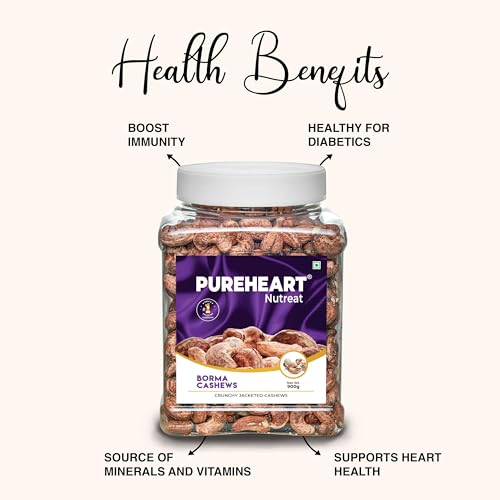 Pureheart Borma Cashews/Skin Unpeeled Cashews (1 kg) Natural Whole Cashews - Nutty Flavor Cashew Nuts with Skin - Reusable Jar
