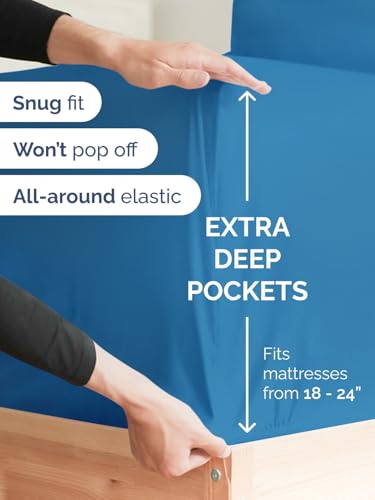 Image of Deep Twin XL Fitted Sheet - College Dorm Room Essentials - Denim Blue | Easily Fits 18 inch to 24 inch Mattress, Wrinkle Resistant, Soft, Breathable & Comfy, Extra Deep Pockets Fitted Sheet