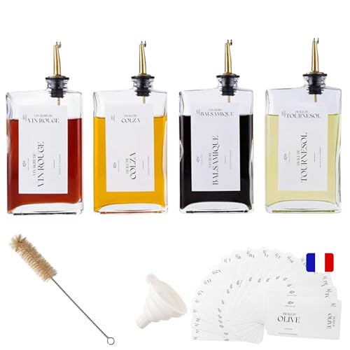 4 Bouteilles en Verre Rectangulaires de 350 ml , Bec Verseur doré et Entonnoir – Distributeur pour Huile, Vinaigre et Sirop, pour Organisation de la...