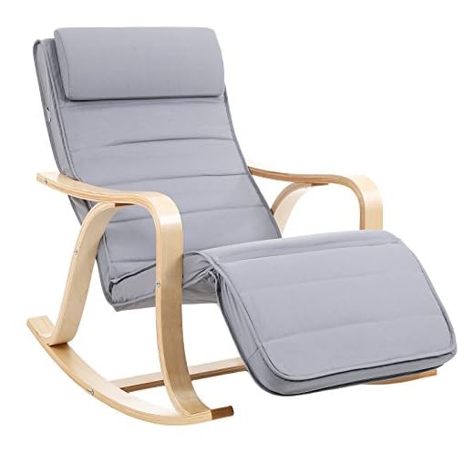 SONGMICS Mecedora, Sillón Tumbona, Madera de Abedul ,Reposapiernas, Ajustable en 5 Posisiones, Funda Lavable, Capacidad de Carga de 150 kg, Gris Claro LYY41G