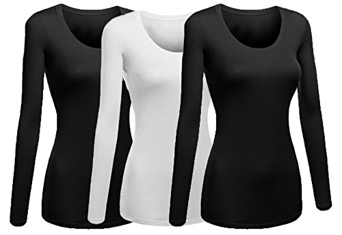 Emmalise Women's Junior and Plus Size Basic Scoop Neck Tshirt Long Sleeve Tee, Large, 3Pk 2 Black, 1 White