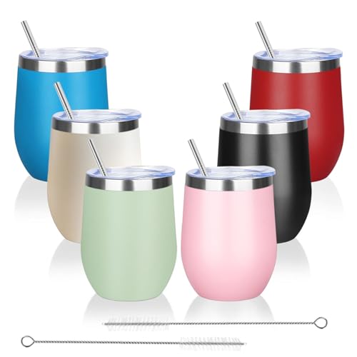 Image of 12oz/6 Pack Wine Tumbler Glasses with Lid Stemless Double Wall Vacuum Stainless Steel Travel Tumbler Keeping Cold & Hot for Wine,Coffee,Cocktails,Christmas Drinks-Family and Gifts (Multi color-couple)
