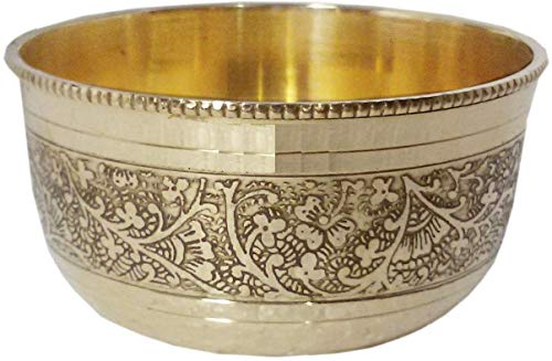 Image of Brass Thali Set Luxury Spoon Restaurant Ware /Home /Hotel (Golden) 6 Pices Set- 1 Thali,2 Bowl, 1 Sweet Plate, 1 Glass, 1 Spoon,Floral Print