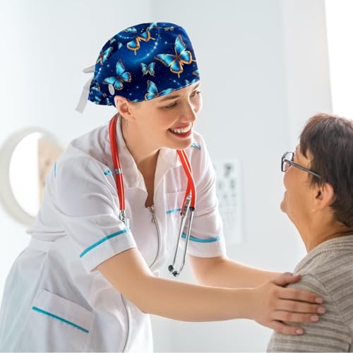 Image of Butterfly Scrub Cap Women with Ponytail & Buttons Adjustable Surgical Nurse Hat with Cotton Sweatband for Long Hair