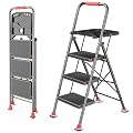DIAMONDFORGE 3 Step Ladder, Folding Step Stool with Tool Platform, Wide Anti-Slip Pedal and Anti-Slip Feet, Sturdiest Steel Construction, 600lbs Capacity Steel Ladder for Home Office, Black Red