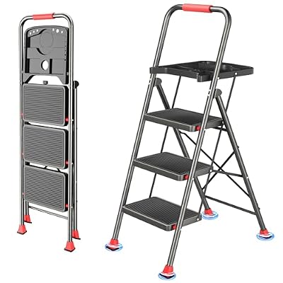 DIAMONDFORGE 3 Step Ladder, Folding Step Stool with Tool Platform, Wide Anti-Slip Pedal and Anti-Slip Feet, Sturdiest Steel Construction, 600lbs Capacity Steel Ladder for Home Office, Black Red