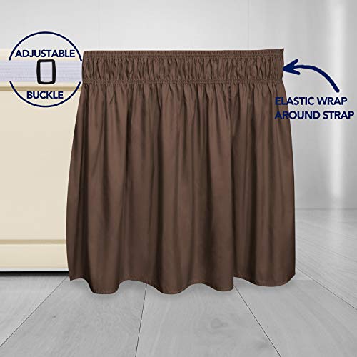 PureFit Wrap Around Ruffled Bed Skirt with Adjustable Elastic Belt - 22 Inch Drop Easy to Put On, Wrinkle Free Bedskirt Dust Ruffles, Bed Frame Cover for Queen, King and C-King Size Beds, Brown