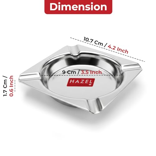 Image of HAZEL Square Stainless Steel Ash Tray | Heavy Duty Smoke Ashtray with 4 Cigarette Holders | Compact 10.7 cm Metal Ashtray for Home, Office & Outdoor Use