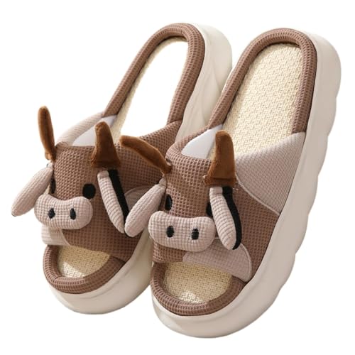 Cute Cow Slippers for Women & Men Open Toe - Cozy Flax Linen & Cotton Slides, Breathable Non-Slip Bedroom Indoor Shoes, Holiday Birthday Gifts