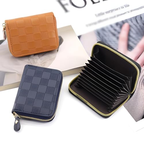 Checkered Credit Card Holder Wallet Zipper PU Leather Case Purse Small Card Case for Women or Men Small Compact Accordion Wallet with Zipper One-Piece (IVORY BLACK)3