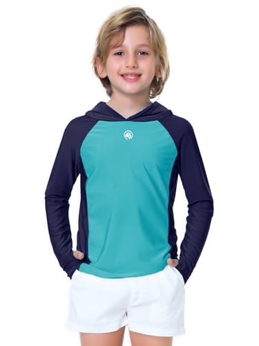 Image of AOBUTE Unisex Kids Long Sleeve Hoodie Rash Guard Boys UPF 50+ Swim Top with Thumb Hole 3-12 Years